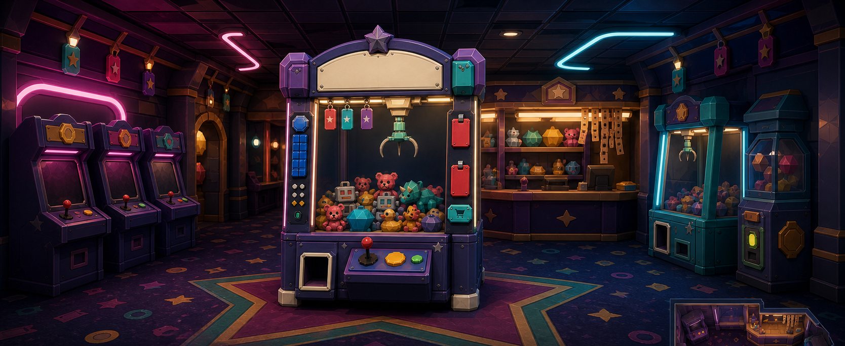 Clawtro — neon isikli arcade salonunda pence makinesi