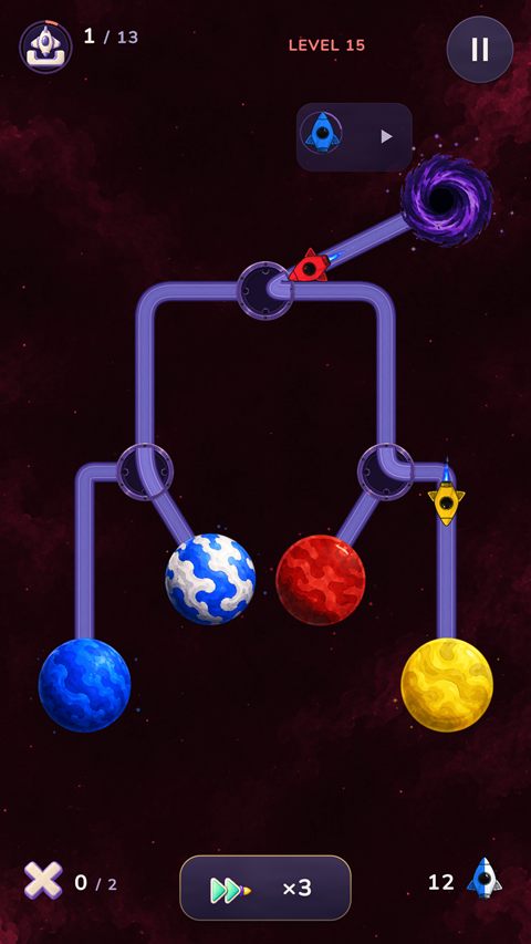 Lodestar level 15: red and yellow ships heading for junctions above blue, blue-white, red and yellow planets