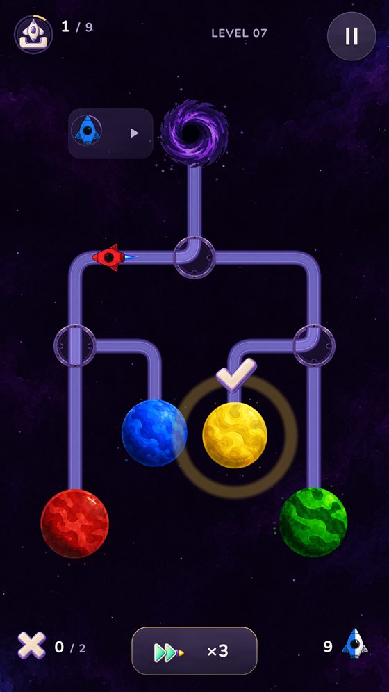 Lodestar level 7: a red ship racing along purple tracks from a black hole towards four coloured planets